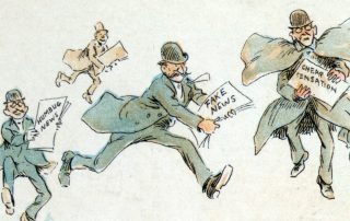 Drawing showing people running around with newspapers saying "Fake news"