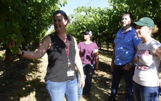 Students Leah Groves and Moriah Mehlman tour the Fresno State campus vineyard with Dr. Sonet Van Zyl and Oro Agri technical manager John Coetzee.