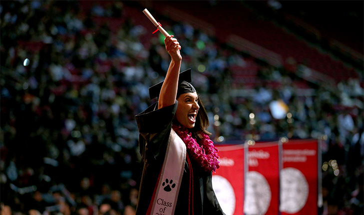 A student celebrates at the 2019 Fresno State commencement ceremony.