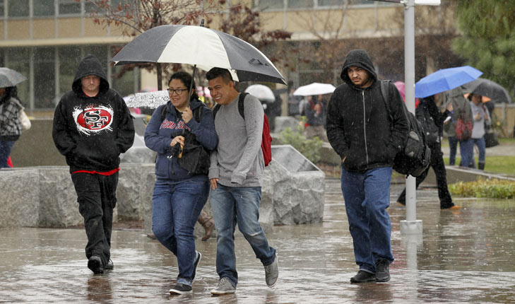 Students walking in the rain