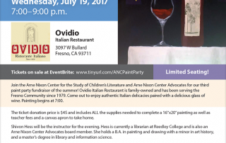 A paint party to support the Arne Nixon Center for the Study of Children’s Literature at Fresno State will be held from 7 to 9 p.m. Wednesday, July 19, at Ovidio Italian restaurant.