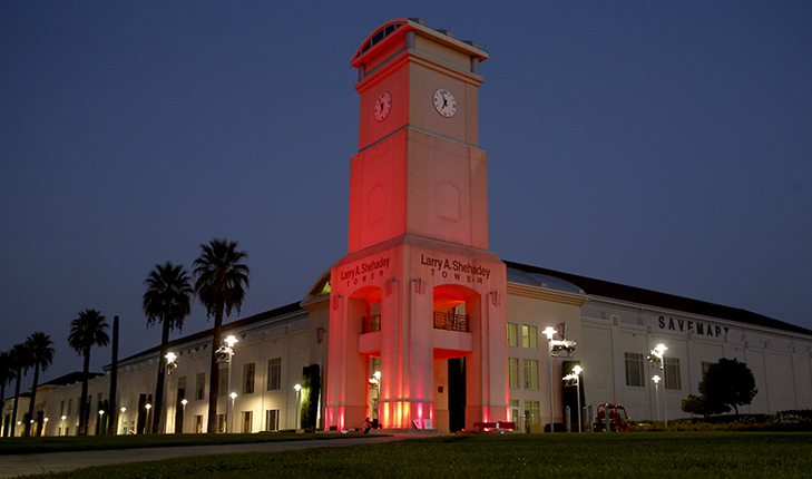 Shehadey Tower in red.