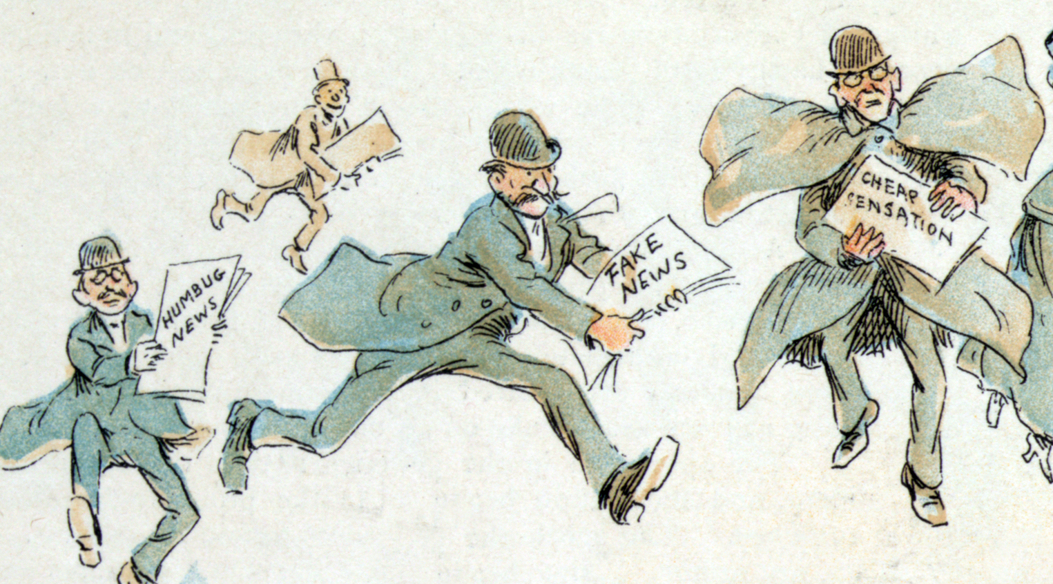 Drawing showing people running around with newspapers saying "Fake news"