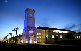 Shehadey Tower lit up blue