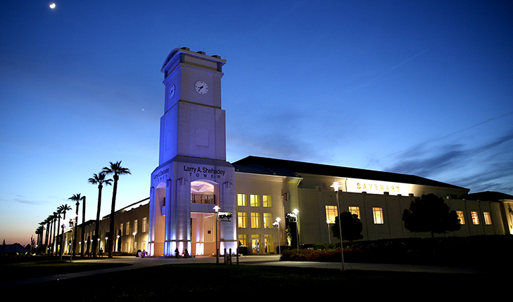 Shehadey Tower lit up blue