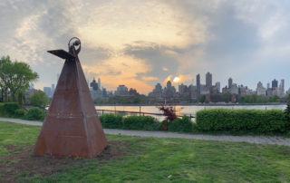 Beatriz Cortez, Tzolk'in I, 2018. Steel, motor, battery, timer, solar panel, acrylic, and lacquer marker. 132 x 64.5 x 64.5 inches. Commissioned by Clockshop. Courtesy of the artist and Commonwealth and Council, Los Angeles. Photo Credit: Scott Lynch, Socrates Sculpture Park, Queens, NY.