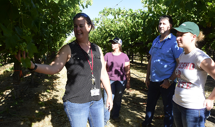 Students Leah Groves and Moriah Mehlman tour the Fresno State campus vineyard with Dr. Sonet Van Zyl and Oro Agri technical manager John Coetzee.