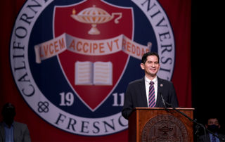 Interim President Saúl Jiménez-Sandoval delivers his first address to faculty and staff at the Satellite Student Union.