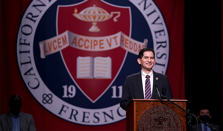 Interim President Saúl Jiménez-Sandoval delivers his first address to faculty and staff at the Satellite Student Union.