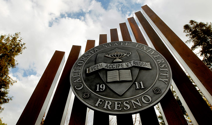 Monument sign with seal of California State University, Fresno