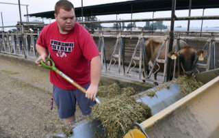 Riley Budd shoveling hay