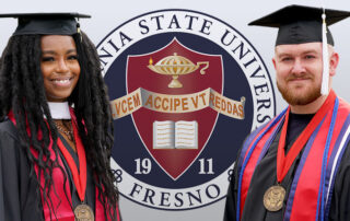 President's Graduate Medalist Audia Dixon and President's Undergraduate Medalist Steven Hensley stand in front of the Fresno State seal.