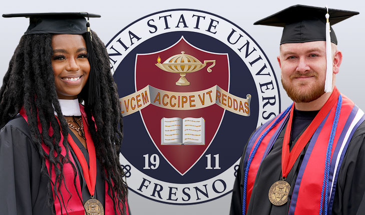 President's Graduate Medalist Audia Dixon and President's Undergraduate Medalist Steven Hensley stand in front of the Fresno State seal.