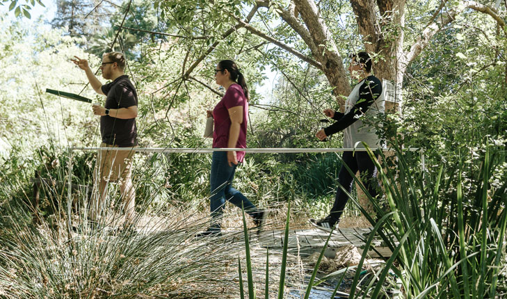 Joel Slade is leading 2 others through a forest with a bird feeder.