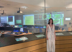 Fresno State physics student Valerie Bauxham working in the control room of the ATLAS experiment at CERN in Geneva, Switzerland.