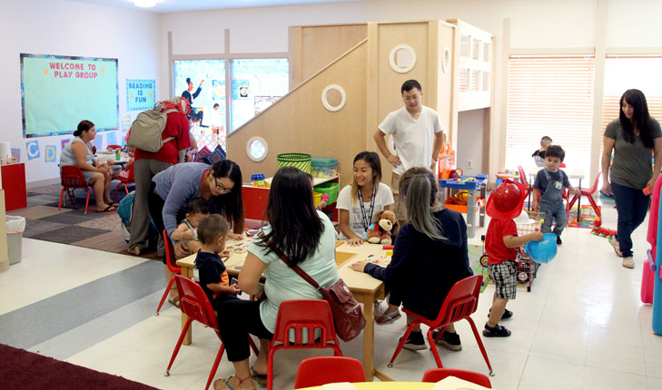 Students around tables in a classroom.