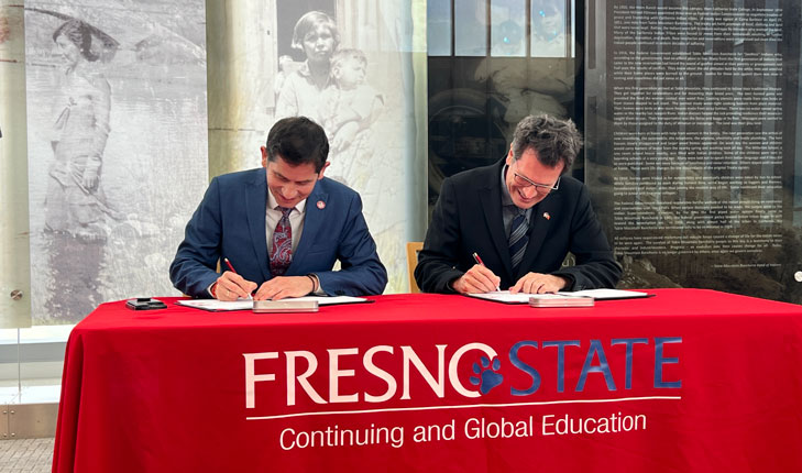 Fresno State President Saúl Jiménez-Sandoval and Dr. Michael Baum, executive council for the Luso-American Development Foundation, met March 20 at the Fresno State Library and signed an agreement creating a new study abroad pathway through the Study in Portugal Network.