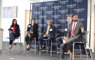 Several higher education leaders lead a panel at Fresno State's inaugural From left, Primavera Arvizu, vice president of student services at Porterville College; Dr. Christine Erickson, vice president of student affairs at Stanislaus State; Dr. Thomas Wallace, vice president of student affairs at CSU Bakersfield; Dr. Charles Nies, vice chancellor of student affairs at UC Merced; and Dr. Kent Willis, vice president of the Division of Student Affairs and Enrollment Management at Fresno State.