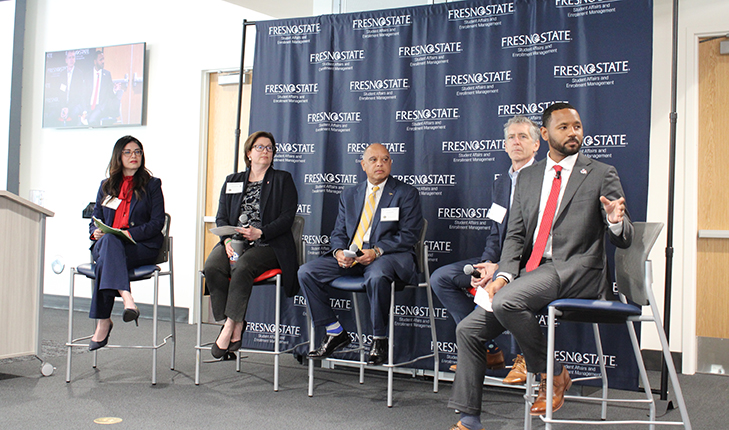 Several higher education leaders lead a panel at Fresno State's inaugural From left, Primavera Arvizu, vice president of student services at Porterville College; Dr. Christine Erickson, vice president of student affairs at Stanislaus State; Dr. Thomas Wallace, vice president of student affairs at CSU Bakersfield; Dr. Charles Nies, vice chancellor of student affairs at UC Merced; and Dr. Kent Willis, vice president of the Division of Student Affairs and Enrollment Management at Fresno State.