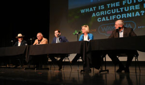 Panelists, from left:Joe Del Bosque, Del Bosque Farms; Dennis Parnagian, Fowler Packing Company; Fresno State President Saul Jimenez-Sandoval; Sarah Woolf, Water Wise; Bill Smittcamp, Wawona Frozen Foods.