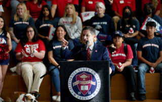 Fresno State President Saul Jimenez-Sandoval addresses the crowd.