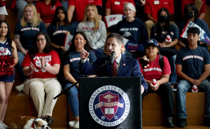 Fresno State President Saul Jimenez-Sandoval addresses the crowd.