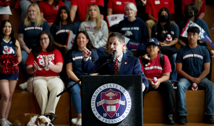 Fresno State President Saul Jimenez-Sandoval addresses the crowd.