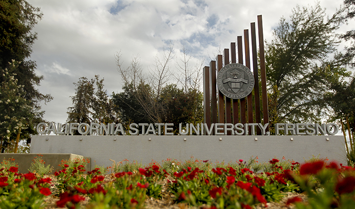 California state university Fresno sign with flowers