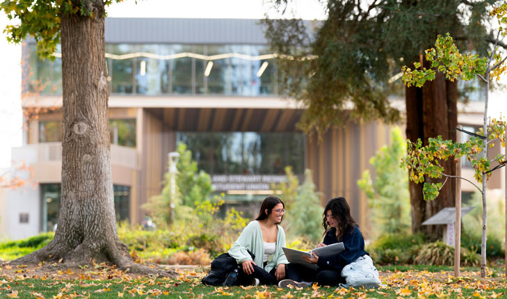 Students sitting on grass and studying