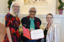 Left to right: Dr. Honora Chapman, dean of the College of Arts and Humanities; artist and sculptor Joseph Guadalupe Garcia; and professor Holly Sowles.