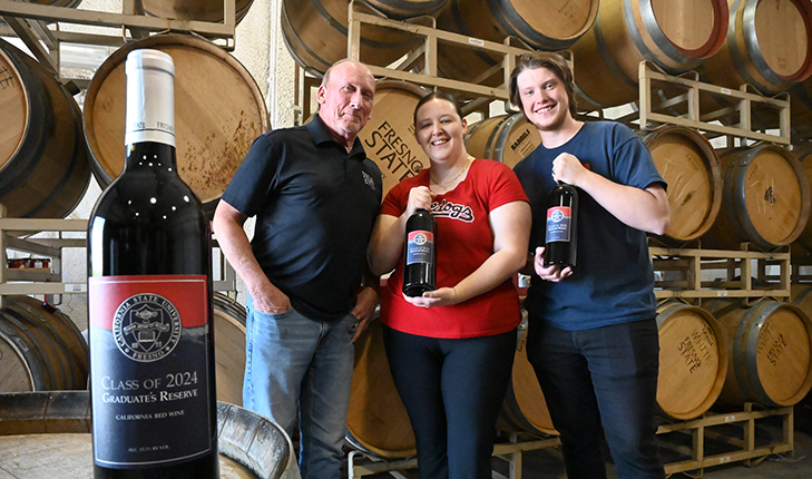 graduating viticulture and enology senior students (and winemaking assistants) who designed the wine (Shannon Dibble and John Wilson) and our campus winemaker and FS alum Tom Montgomery