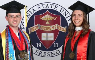 Frederick Mark Lisitsa on the left and Elise Guerra in graduation robes in front of the president's seal.