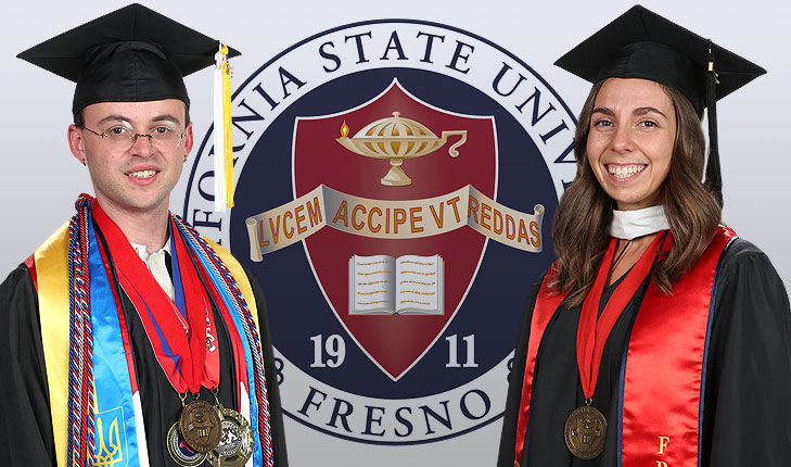 Frederick Mark Lisitsa on the left and Elise Guerra in graduation robes in front of the president's seal.