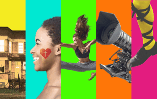 Colorful square with students, camera, house and tap shoes