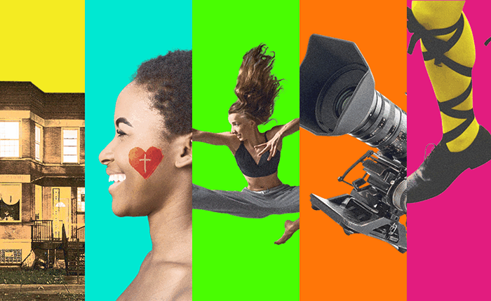 Colorful square with students, camera, house and tap shoes