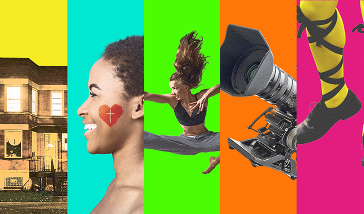 Colorful square with students, camera, house and tap shoes